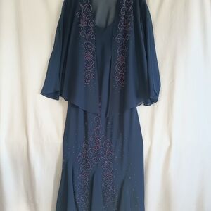 R & M Richards Navy Dress with Sheer Embellished Overlay